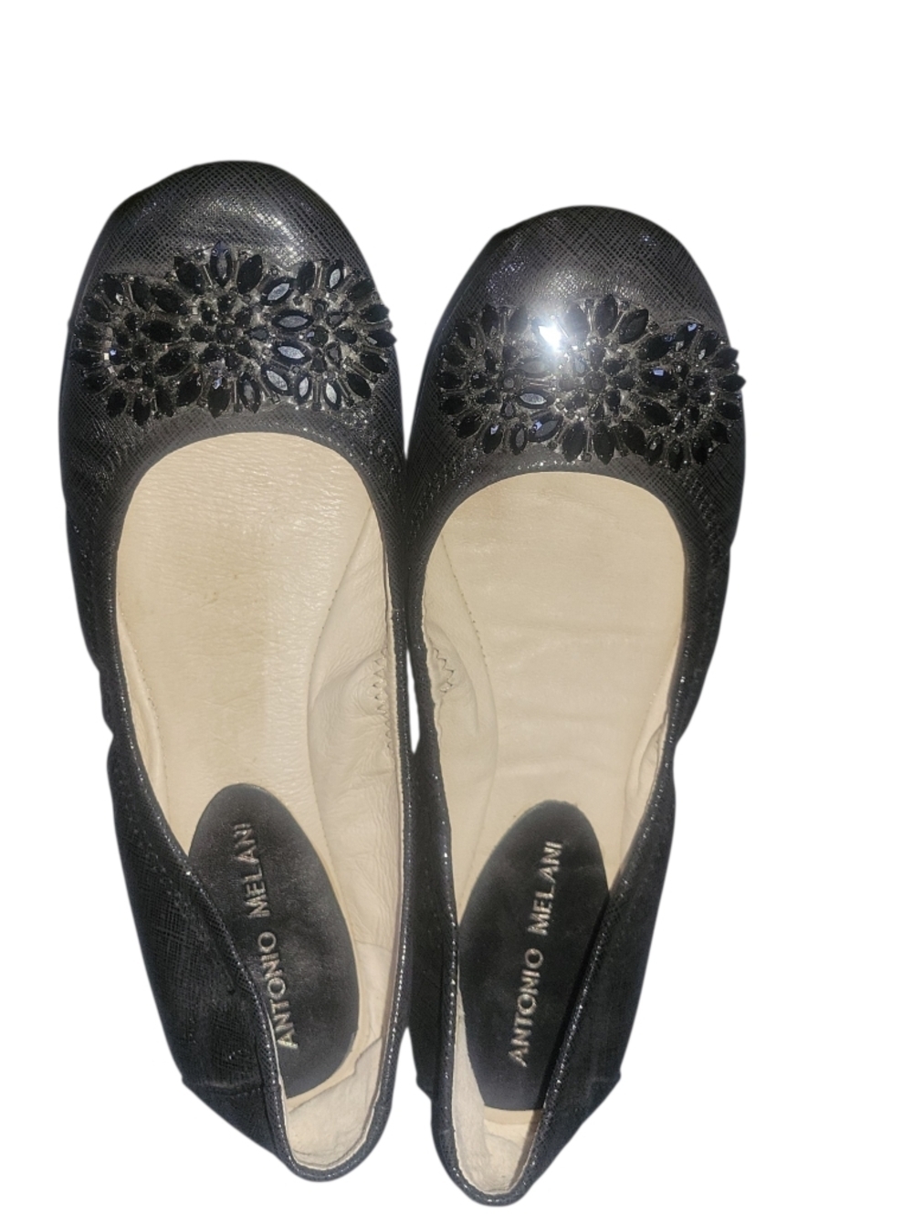 ANTONIO MELANI Black Jeweled Embellished Leather Round-Toe Flats Sz 8M